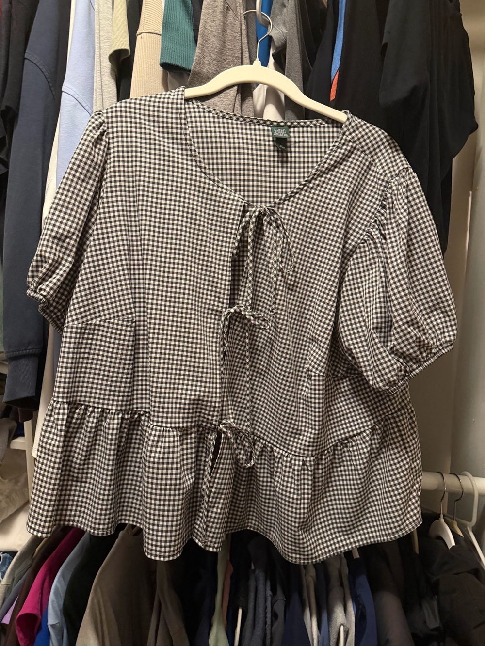 Women’s tie front black gingham top